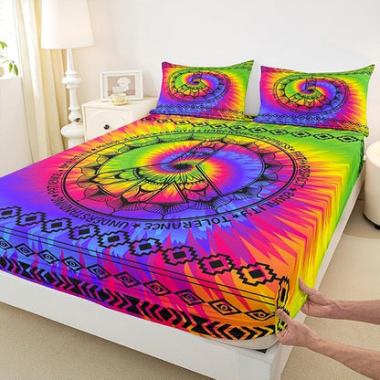 Manfei Watercolor Peace Sign Sheet Set Twin Size Tie-Dye Rainbow Bed 3pcs with Deep Pocket Fitted + Flat 1 Pillowcase Boho Exotic Style Soft Bedding for Kids Teens Room Decor, (WWS6619GYY-CLB_USt)
