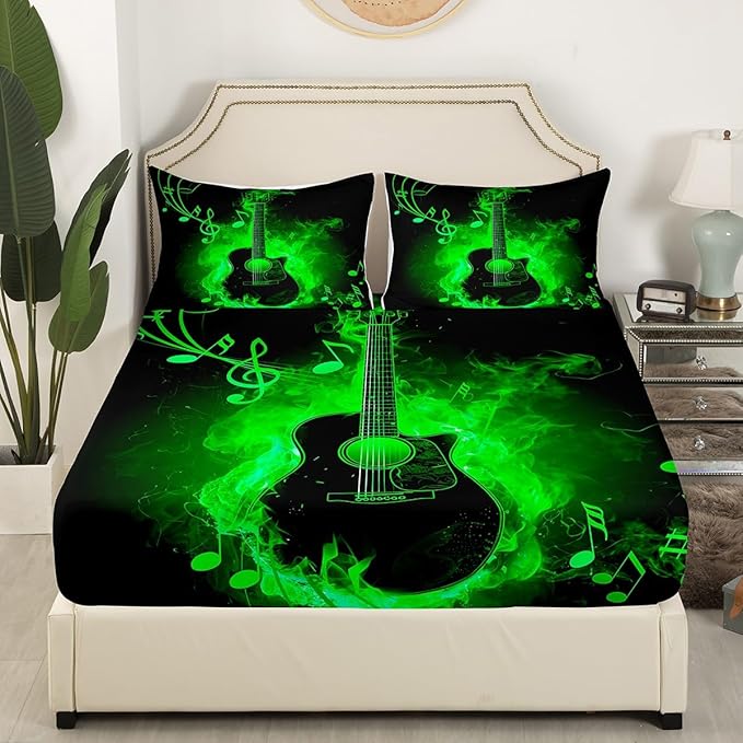 Electric Guitar Bed Sheet Set Twin Size,Rock Music Theme Guitar Musical Notes Sheet Set,Neon Green Glowing Modern Artistic Bedding Decor Set with 1 Flat & 1 Fitted Sheet with 1 Pillow Sham