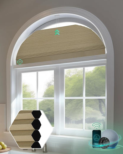Yoolax Smart Cellular Shades, Motorized Arch Window Honeycomb Blinds Motorized Blinds with Remote Compatible with Alexa, Customized Arched Cellular Shades (Blackout Light Coffee)
