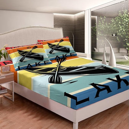 Lake Theme Kids Fitted Sheet Queen Size,Lake House Fishing Camping Boating Adventure Bedding Set,Boys Girls Room Decor,Geometric Stripes Bed Cover,Colorful Bed Sheet,2 Pillowcases(No Top Sheet)
