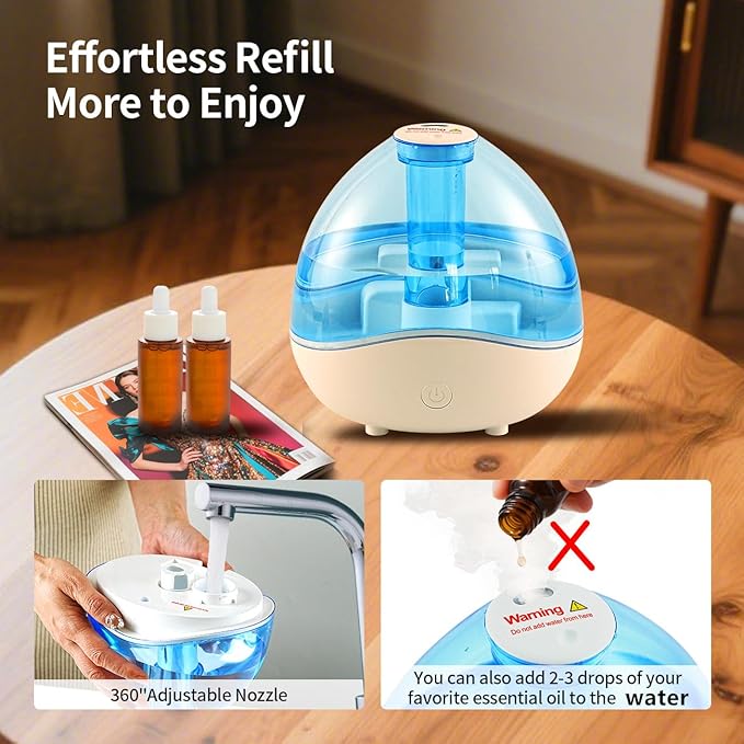 Cool Mist Humidifiers for Bedroom & Large Room (1.5L Water Tank) Quiet Ultrasonic Air Humidifier For Babies Nursery, Office, Indoor Plants & Whole House -Adjustable 360 Rotation Nozzle, Auto-Shut Off