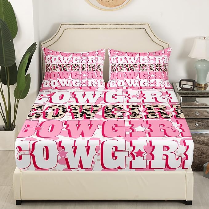 Cowgirl Bed Sheet Set Home Decor Rustic Brown Leopard Fur Western Texas Star Sheet Sets Deep Pocket,Tribal Pink Cowhide Animal Fur Graffiti Mattress Cover,Twin Size with 1 Pillowcase