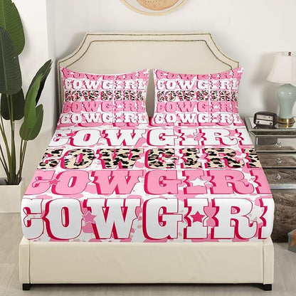 Cowgirl Bed Sheet Set Home Decor Rustic Brown Leopard Fur Western Texas Star Sheet Sets Deep Pocket,Tribal Pink Cowhide Animal Fur Graffiti Mattress Cover,Twin Size with 1 Pillowcase