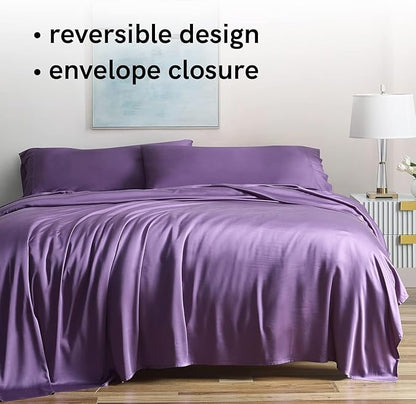 YnM Cooling Bed Sheet Set with 100 Percent Rayon Derived from Bamboo, 400TC Fabric with 2 Pillowcases and Flat Sheet, Deep Pocket Fit 19'', Silky-Soft & Sweat Wicking, 4 Piece (Full, Lavender Purple)