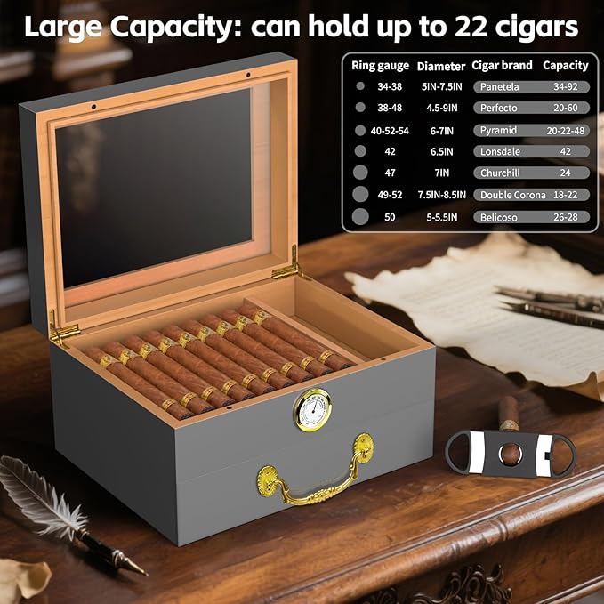 Cigar Humidor Box - Spanish Cedar Small Table Top Humidors for 20-50 Cigars with Accessories and Humidifier - Storage Drawer - Stylish Desktop Cigar Holder for Men - Portable Travel Case Light Gray