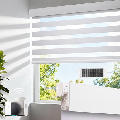 Motorized Zebra Blinds with Remote, No Drill Cordless Roller Shades, Equipped with Solar Panels, 50%-75% Blackout, Compatible with Alexa, Google, Electric Blinds for White 23" W x 72" H