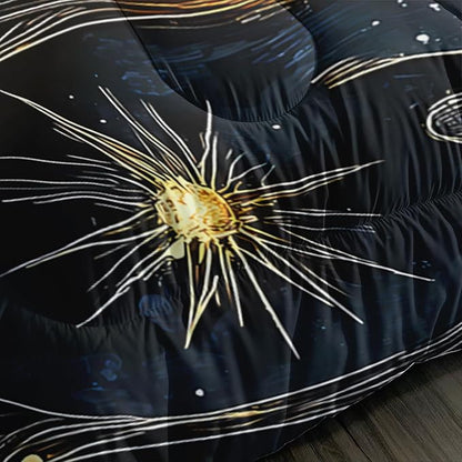 Sun and Moon Bedding Set Queen Size,Yellow Galaxy Celestial Bedding for Kids Boys Girls Teens Room Boho Decor,Black and Yellow Fluffy Comforter Sets with 2 Pillowcases.