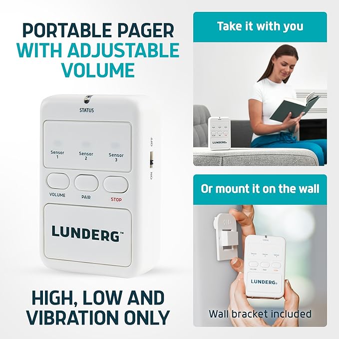 Lunderg Early Alert Bed Alarm for Elderly Adults - Wireless Sensor Pad & Pager - with Pre-Alert Smart Technology - Safety Bed Alarms and Fall Prevention for Elderly and Dementia Patients (Pack of 2)