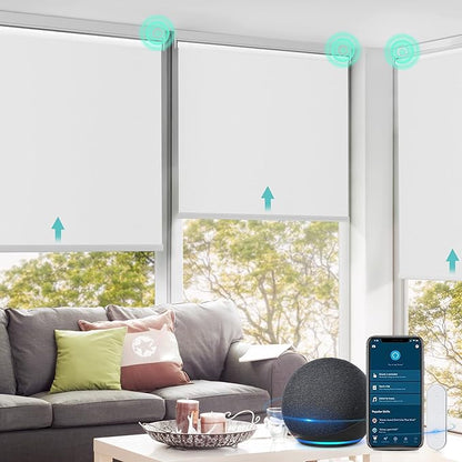 Allesin Motorized Roller Shade Blinds Work with Alexa for Window, 100% Blackout Smart Shades Cordless with Remote Control, Electric Automated Blinds for Window, Customized Size for Smart Home (White)
