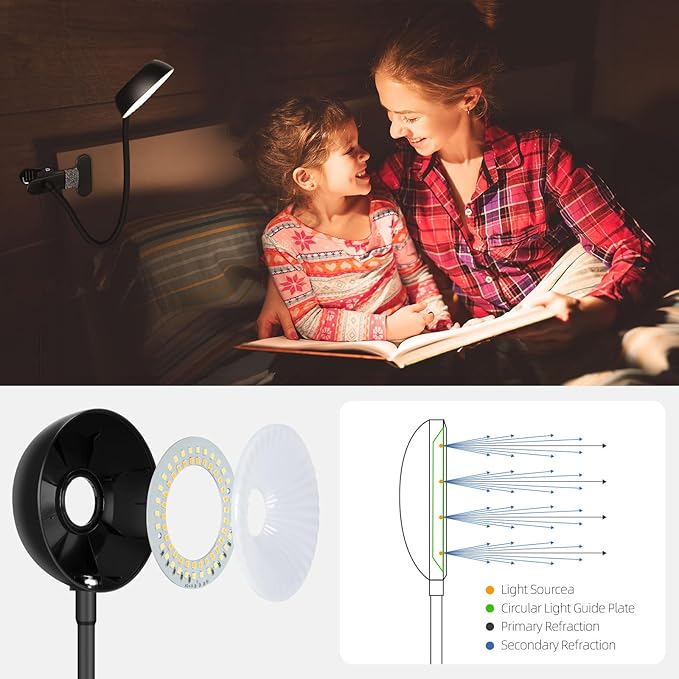 Clip on Desk Lamp 10-Level Dimming & 5 Color Modes Reading Book Light, Flexible Gooseneck Reading Light for Beds, Desks, Headboards - Eye-Friendly Night Light Clip on Light for Bed Bedside (Black)