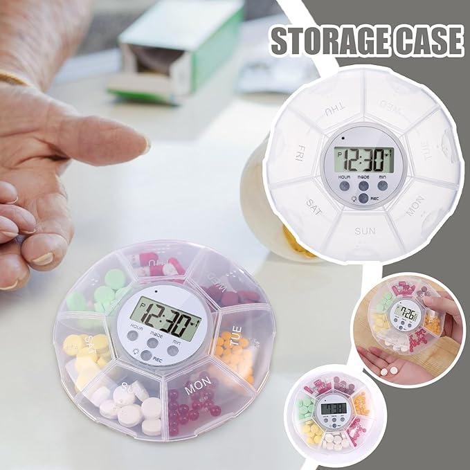 Smart Pill Dispenser - Travel Organizer, LED Light, Timer Reminder | 7 Compartment Medicine Storage Box, Portable Supplement Container with Voice Recording, Compact Health Care Organizer for Daily Use