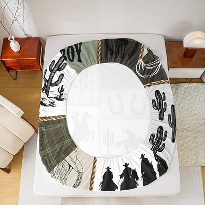 Western Cowboy Kids Sheet Full Size,Cactus Arrow Geometric Plaids Bedding Set,Boys Girls Adults Room Decor,Horseshoes Rustic Farmhouse Camo Retro Bed Sheet Set 4pcs(Fitted + Flat + 2 Pillowcases)