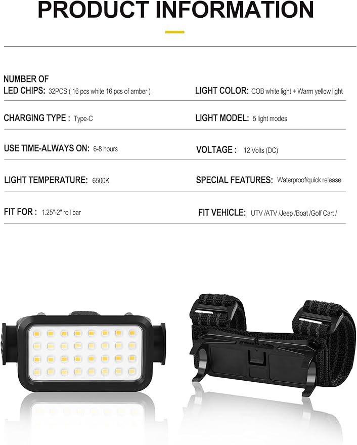 ZIDIYIRUO UTV Dome Light, Rechargeable UTV Interior Light Compatible with Polaris RZR Ranger Can-Am Pionner Talon Kawasaki, 32pcs LED Chips with 5 Kinds Modes for 1.25"-2.0" Roll Bar Mount (1 Pack)