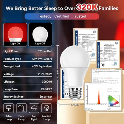 Neporal 625nm 3W Red Light Bulbs for Sleep, 100% Blue Light Blocking Light Bulbs for Melatonin Promoting, A19 LED 40W Equivalent Dim Red Night Light Bulb for Baby Nursery, Sleeping, Reading, 2-Pack