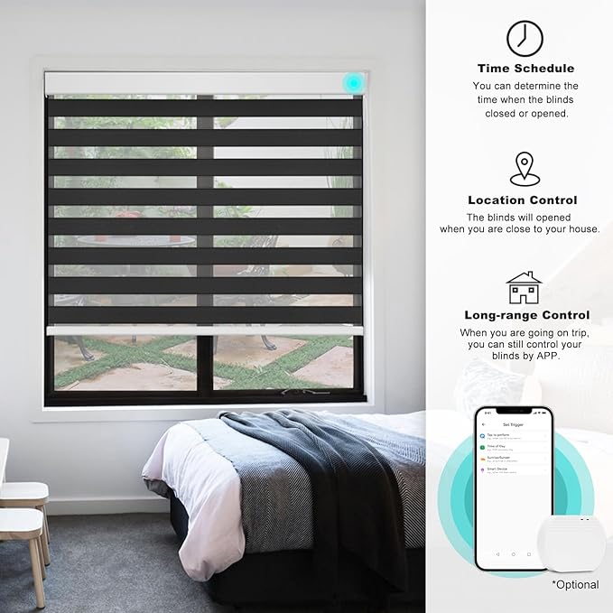 Changshade Custom Motorized Blinds Smart Zebra Roller Shades for Indoor Windows, Blackout Cordless Electric Power Automatic Remote Control Work with Alexa, Google Home, Apple Homekit,Smarthings,Black