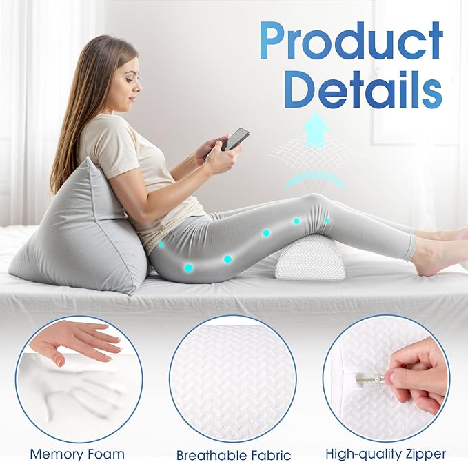2 Pack Knee Pillow for Back Sleeping Memory Foam Half Moon Bolster Pillow for Legs, Under Knee Support, Ankle & Foot Comfort Orthopedic Pillow for Side Sleepers, White