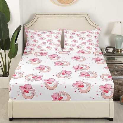 Western Cowgirl Fitted Sheet Twin Size,Tribal Pink Horseshoe Hats Starry White Bed Sheet with 1 Pillowcase,Cartoon Princess Style Bowknots Cherry Soft Decorative Fabric Bedding,Room Gift