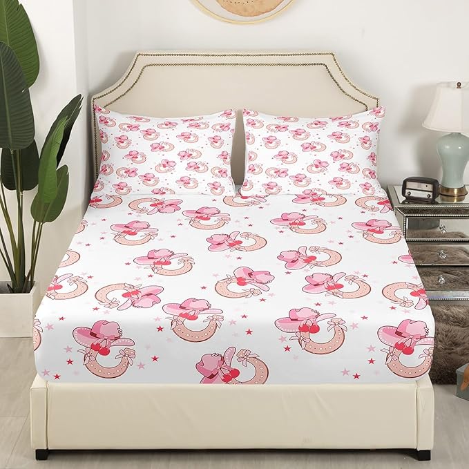 Western Cowgirl Fitted Sheet,Tribal Pink Horseshoe Hats Starry White Sheet Set for Ultra Soft Room Gift,Cartoon Princess Style Bowknots Cherry Bedding Set with 2 Pillowcases,Queen Size