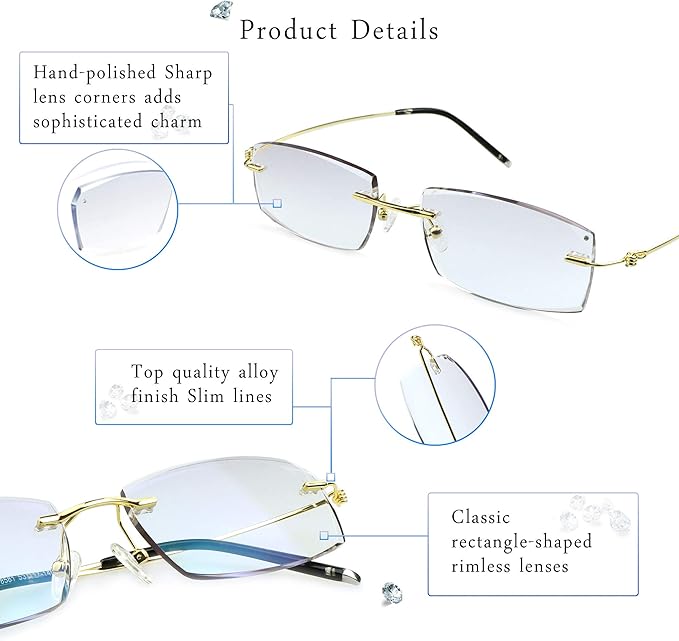 LifeArt Blue Light Blocking Glasses,Computer Reading Glasses,Rimless Frame Tinted Lens with Diamond,Stylish for Women (No Magnification)