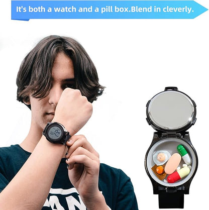 Watch with Pill Box, Fashion Business Digital Watches for Men, Water Resistant Pill Box for Emergency, EDC Box for Emergency, Small Pill Case for Vitamin, Fish Oil