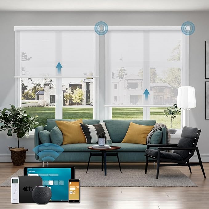 Motorized Light Filtering Shades Work with Homekit Thread-Enabled,50% Blackout Smart Blinds for Windows, Electric Blinds with Remote, APP/Voice Control, Sunscreen PVC Free Wihte