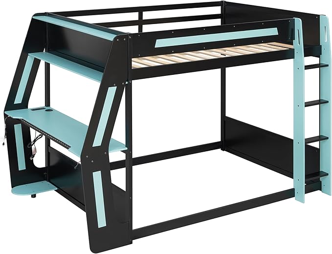 Full Size Gaming Loft Bed with Desk & Charging Ports & RGB Light Strip,Heavy-Duty Wood Bunk Bed Frame with Storage Shelves,Safety Guardrails & Ladder for PC & Console Gamers,Under-Bed Space,Cloud Blue