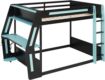 Full Size Gaming Loft Bed with Desk & Charging Ports & RGB Light Strip,Heavy-Duty Wood Bunk Bed Frame with Storage Shelves,Safety Guardrails & Ladder for PC & Console Gamers,Under-Bed Space,Cloud Blue