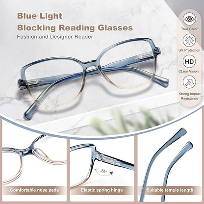 EYEGUARD Stylish Reading Glasses for Women Blue Light Blocking Readers with Spring Hinge Computer Eyeglasses