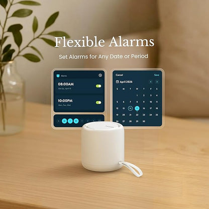 TimeVocalist White Noise Machine & Alarm Clock: Dynamic Sound Mixing, Ambient and Color Noises, Custom Soundscapes, App Control, Multiple Alarms, Sleep Training, 100 Volume Levels, Built in Battery