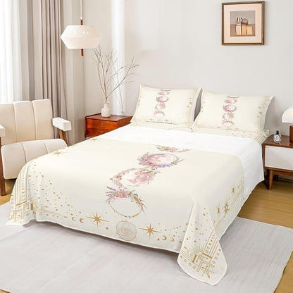 Sun Moon Girly Sheet Twin,12 Constellation Universe Bedding Set for Kids Teens Adults,Geometric Line Dots Boho Beige Trippy Bed Sheet Set 3pcs (Deep Pocket Fitted Sheet + Flat Sheet + 1 Pillowcase)