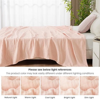 PHF Cooling Muslin Twin Blanket for Hot Sleepers, 60% Viscose from Bamboo, 40% Cotton and 4-Layer Breathable Gauze Blanket for Bed Couch, 66"x90", Pink Rose