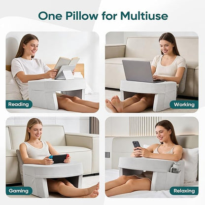 DUMOS Reading Pillow for Gaming with Ergonomic Arm Rests, Memory Foam Lap Desk for Laptop, Support Pillow with Side Pockets for Reading, Writing, Working, Gaming on Bed, Couch or Floor