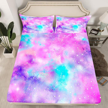 Manfei Galaxy Kids Sheet Set King Size, Pink Purple Blue Starry Bed Sheet Set 4pcs (Fitted Sheet, Flat Sheet, 2 Pillowcases), Outer Space Theme Bedding Set for Boys Girls Teens Bedroom Decor