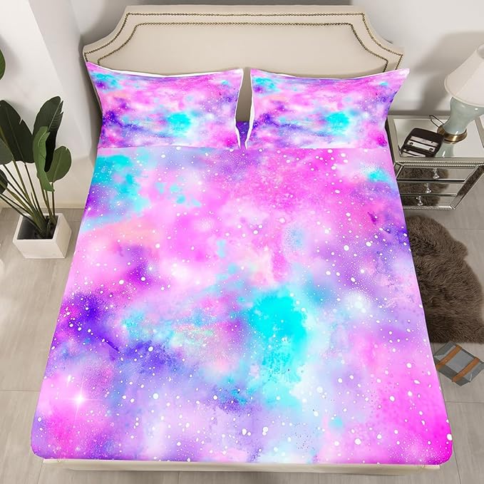 Manfei Galaxy Kids Sheet Set Queen Size, Pink Purple Blue Starry Bed Sheet Set 4pcs (Fitted Sheet, Flat Sheet, 2 Pillowcases), Outer Space Theme Bedding Set for Boys Girls Teens Bedroom Decor