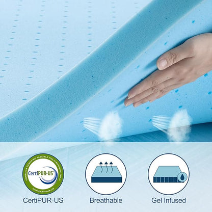 Maxzzz Queen Mattress Topper, 3 inch Cooling Mattress Topper, Memory Foam Gel-Infused Bed Topper, Medium Firm Mattress Topper, CertiPUR-US Certified, Bule