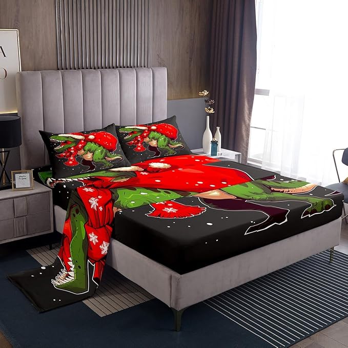 Manfei Green Dinosaur Kids Sheet Set King Size, Dinosaur Santa Claus Bedding Set for Boys Girls Teens Bedroom Decor, Christmas Theme Bed Sheet Set 4pcs (Fitted Sheet, Flat Sheet, 2 Pillowcases)