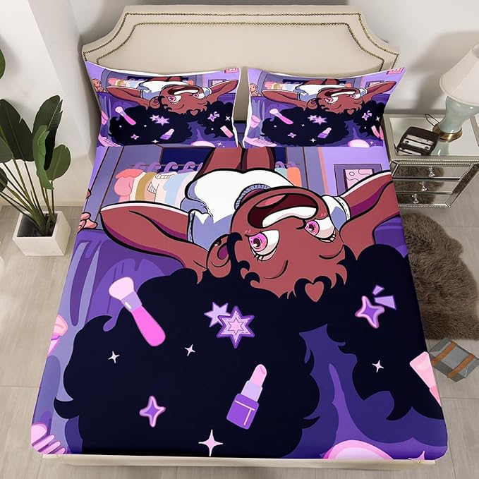 Black Princess Girl Kids Sheet Full Size,African American Cartoon Cosmetic Bedding Set, Star Magical Cute Y2K Chic Kids Room Decor,Purple Sheet(Fitted+Flat+2 Pillowcases)