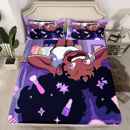 Black Princess Girl Bed Sheets Twin Size,African American Cartoon Cosmetic Easy Wash Bedding Set,Star Magical Cute Y2K Chic Kids Room Decor,Purple Sheet(Fitted+Flat+1 Pillowcase)