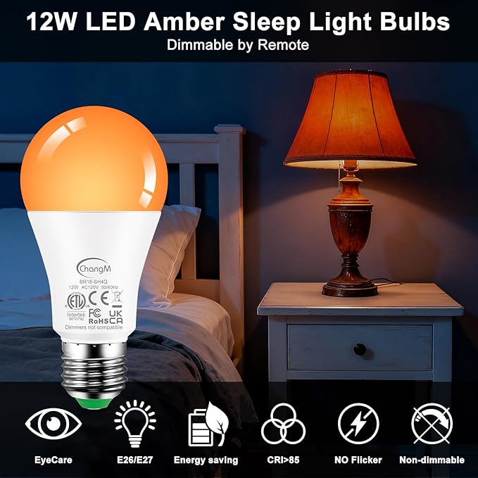 Amber Sleep Light Bulbs 1800K with Remote Control, E26 Blue Light Blocking A19, 12W LED Color Changing Bulb for Sleep Therapy, Baby Nursery, Reading Light