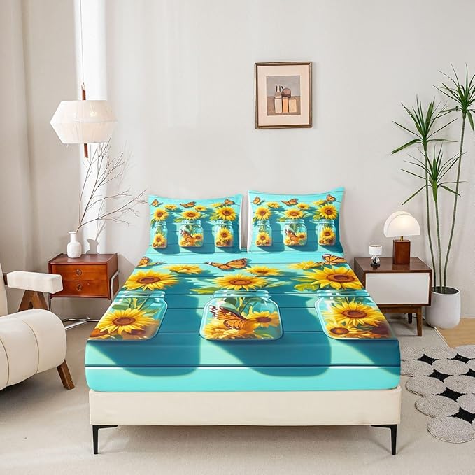 Yellow Sunflower Kids Twin Size Fitted Sheet,Farmhouse Floral Flower Boys Girls Bed Sheets,Butterfly Rustic Wooden Room Decor,Teal Yellow Bedding Set,1 Pillowcase(No Flat)