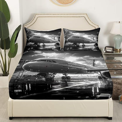 Airplane Fitted Sheet Set Full Size 4 Pcs,Aviation Plane Aircraft Modern Teens Sheets,3D Print Lightning Sky Print Gray Bedding Sets (1 Fitted,1 Flat,2 Pillowcases)