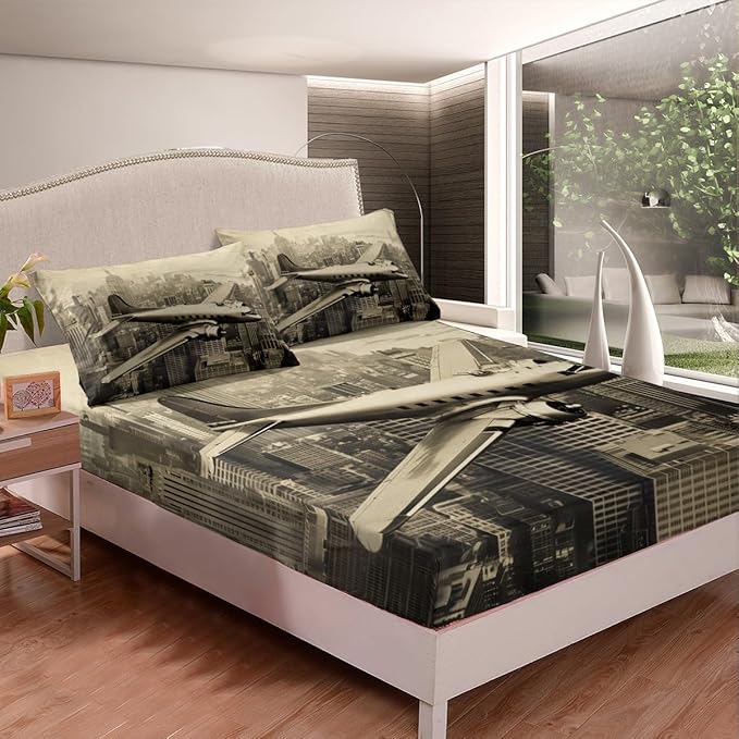 3D Airplane Kids Fitted Sheet Queen Size,Aviation Aircraft Flying Plane Retro Bedding Set,Boys Girls Room Decor,High Building Modern Fashion Bed Cover,Brown Bed Sheet,2 Pillowcases