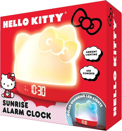 Hello Kitty Sunrise Alarm Clock with Color-Changing RGB LED Night Light – Ambient Lighting, Time/Date/Temperature Display, USB Powered w/Device Charging, Red