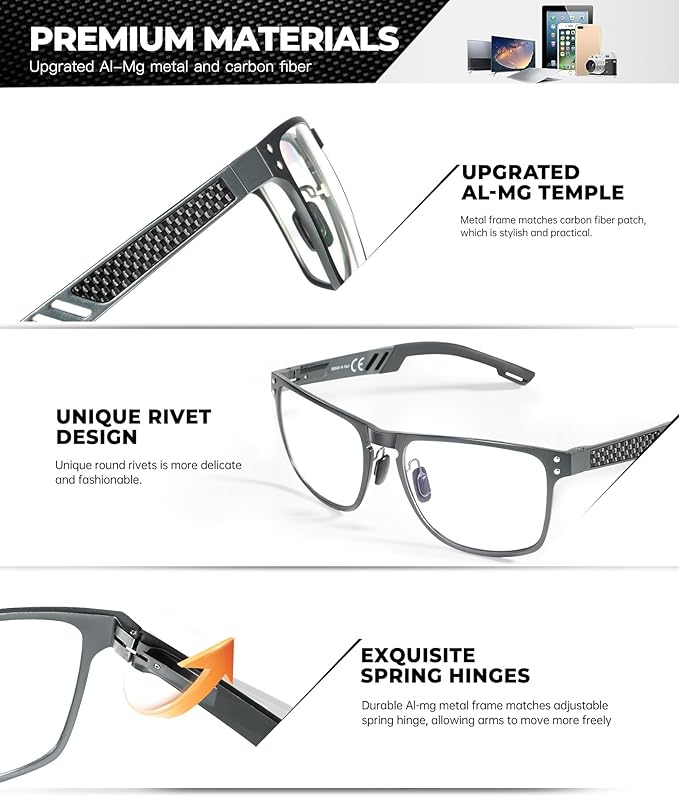 Blue Light Glasses Men Premium Mens Gaming Computer Glasses Clear Lens with Al-Mg Frame Anti Blue Ray Screen Blocker