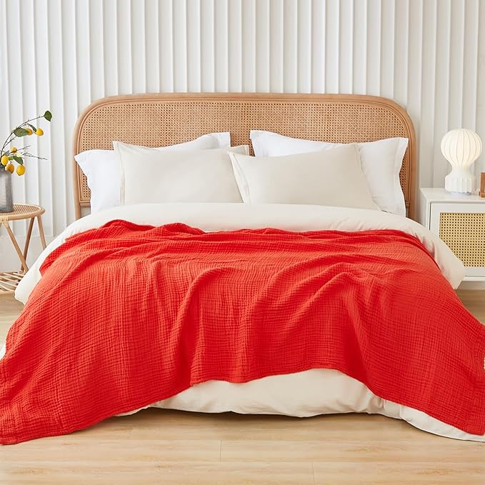EMME Cotton Muslin King Blanket Bed Layering Breathable Gauze Blanket Soft Lightweight Blankets Adults (Orange Rust, 108"x90")