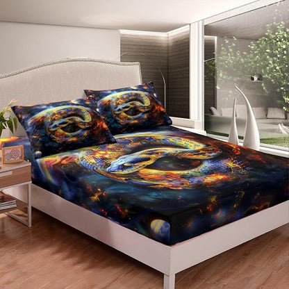 Snake Fitted Sheet Twin Size,Starry Sky Galaxy Nebula Planets Trippy Bedding Set,Boys Girls Room Decor,Reptile Animals Outer Space Mystical Bed Cover,Watercolor Bed Sheet,1 Pillowcase