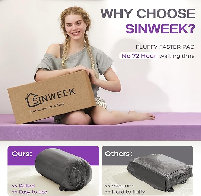 SINWEEK Dual Layer 5 Inch Memory Foam Mattress Topper Queen Size, 3 Inch Gel Memory Foam Plus 2 Inch 1450 GSM Down Alternative Quilted Pillow Top Mattress Pad Cover, Dark Gray