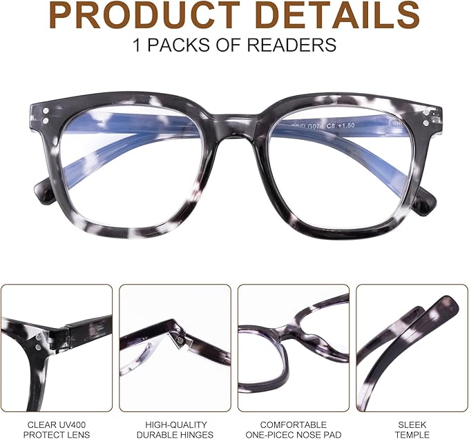 Reading Glasses for Men Women Blue Light Blocking with Spring Hinge, Blocking Readers Anti UV Ray Filter Eyeglasses, Square Computer Reader Glasses, Black and White Tortoiseshell, +1.0