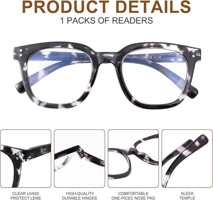 Reading Glasses for Men Women Blue Light Blocking with Spring Hinge, Blocking Readers Anti UV Ray Filter Eyeglasses, Square Computer Reader Glasses, Black and White Tortoiseshell, +1.0