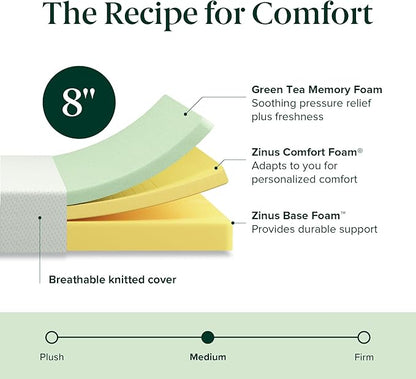 Zinus 8 Inch King Green Tea Memory Foam Mattress [New Version], Fiberglass Free, Medium Firm Feel, Zoned Pressure Relief, Certified Safe Foams & Fabric, Mattress in A Box